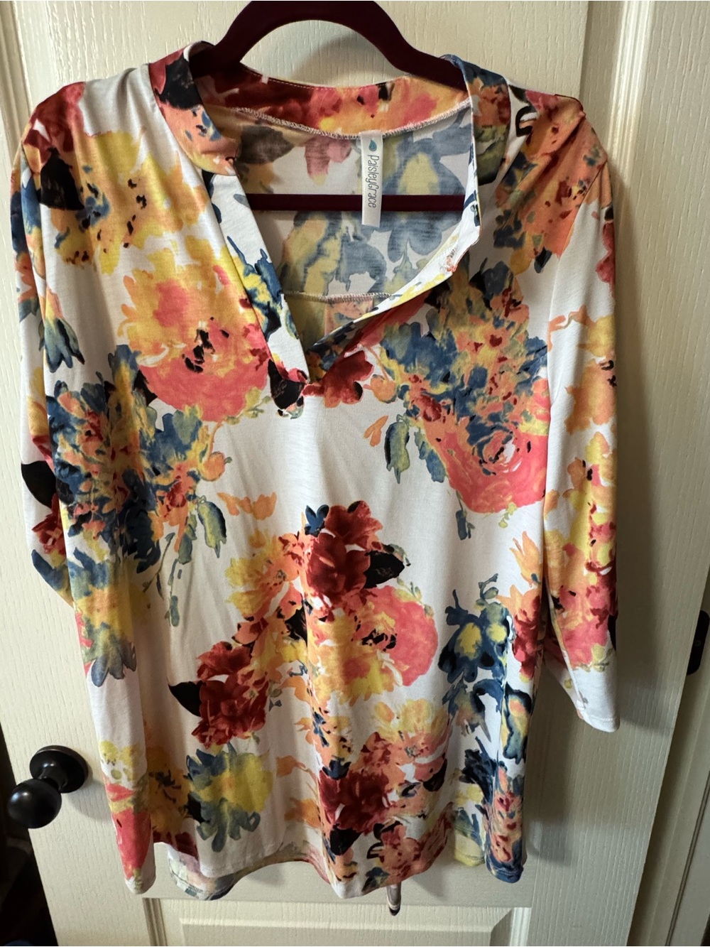 Paisley grace Watercolor Floral Split V-Neck Tunic Top 3/4 Roll-Tab Sleeves